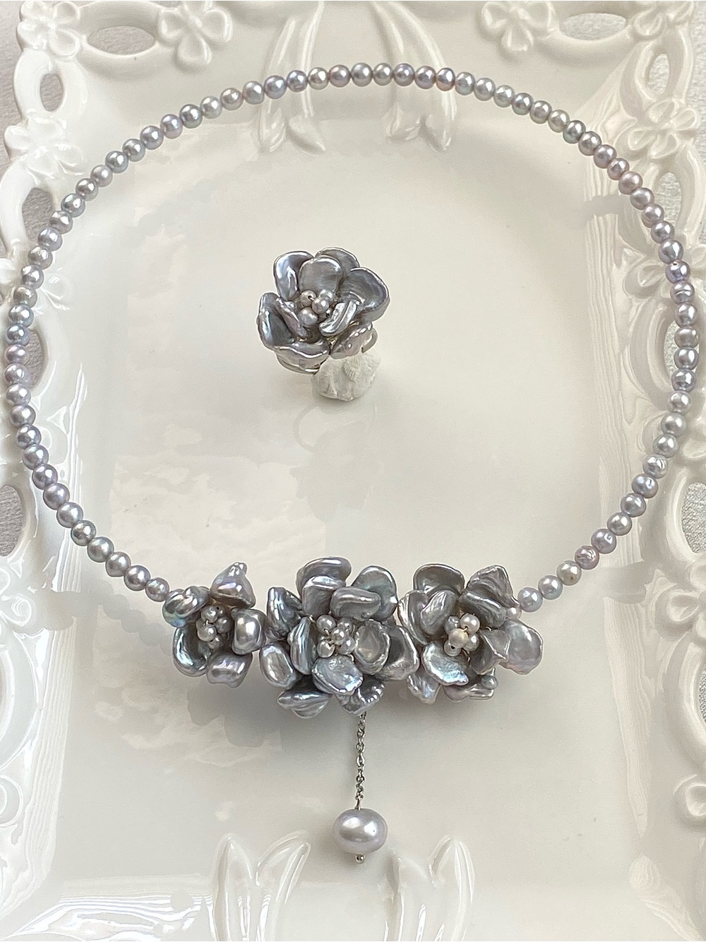 Gorgeous Handmade Bangle Freshwater Pearl Flower Necklace And ring